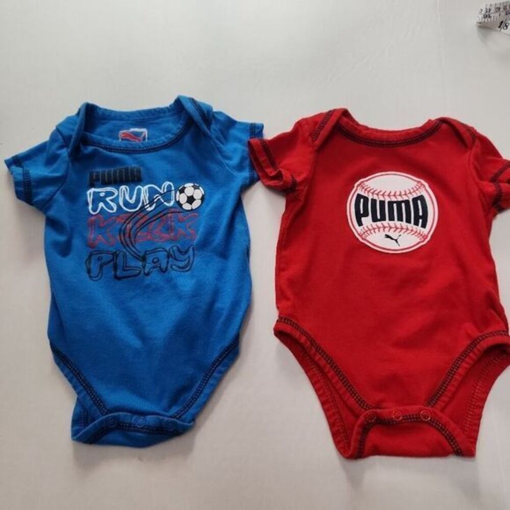 PUMA Kids Bodysuit Size 6-9M Blue Short Sleeve Soccer Run Kick Play Sporty